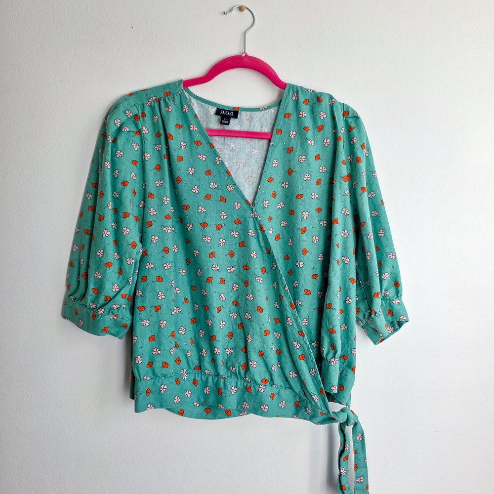 a.n.a Teal Floral Wrap Blouse